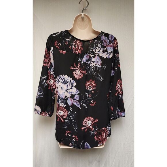 Maurices Floral 3/4 Sleeve V Neck Criss Cross Sheer Chiffon Black Blouse Size XS - Picture 4 of 8